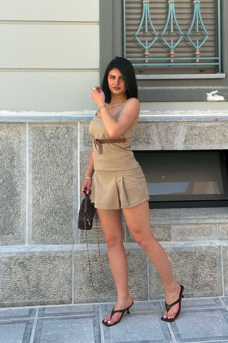 BELT DETAIL TANK TOP+SKORT WOMEN SET BEIGE/BEZHE - 2