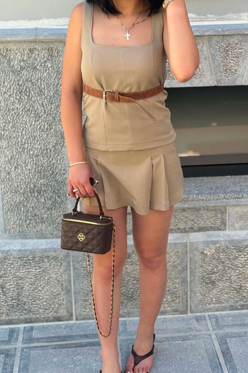 BELT DETAIL TANK TOP+SKORT WOMEN SET BEIGE/BEZHE - 4