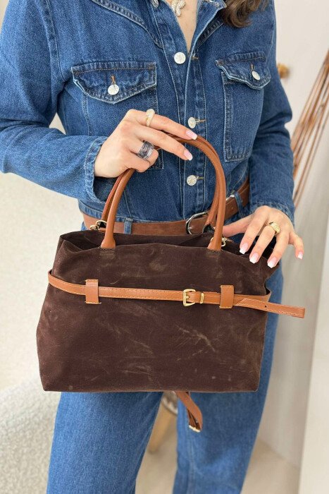 BELT DETAIL VELVET WOMAN BAG DARK BROWN/KAE 