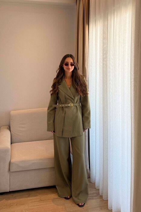 BELT DETAIL JACKET + ELASTIC WAIST TROUSERS WOMAN SET OLIVE/ULLI 