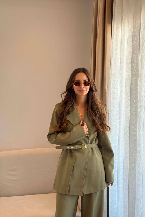 BELT DETAIL JACKET + ELASTIC WAIST TROUSERS WOMAN SET OLIVE/ULLI - 2