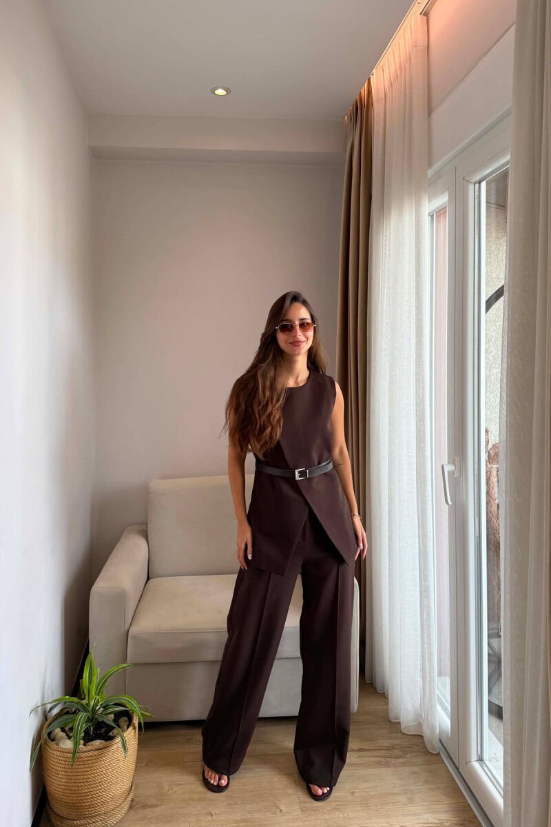 BELT DETAIL VEST + TROUSERS WOMAN SET BROWN/KAFE - 2