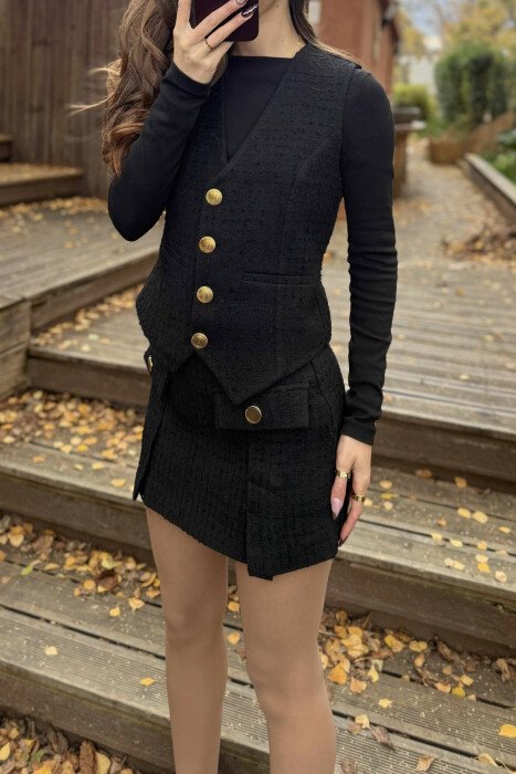 BELT DETAIL VEST+SKIRT ONE COLOR WOMEN SET BLACK/ E ZEZE - 4