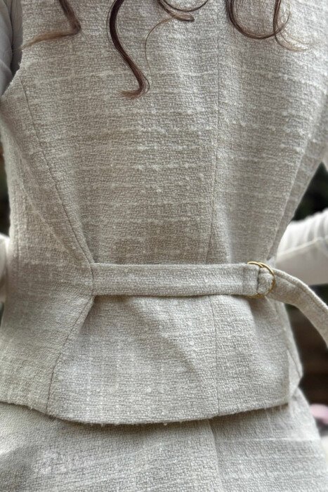 BELT DETAIL VEST+SKIRT ONE COLOR WOMEN SET CREAM/KREM - 5