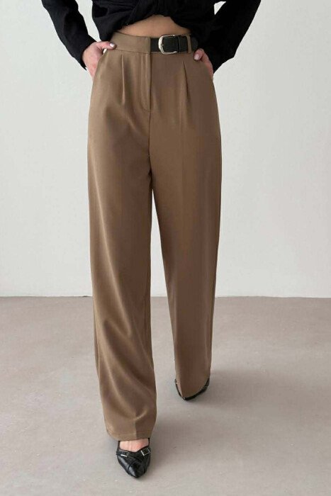 BELT DETAIL WIDE LEG WOMAN TROUSERS BEIGE/BEZHE - KLAUDIO FASHION