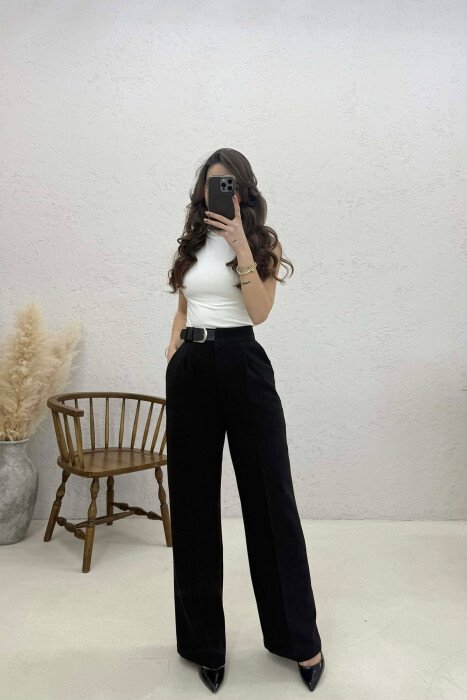 BELT DETAIL WIDE LEG WOMAN TROUSERS BLACK/ E ZEZE - KLAUDIO FASHION