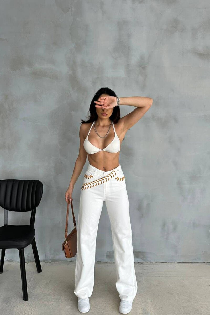 BELT DETAIL WIDE LEG WOMEN JEANS WHITE-E BARDHE - 1