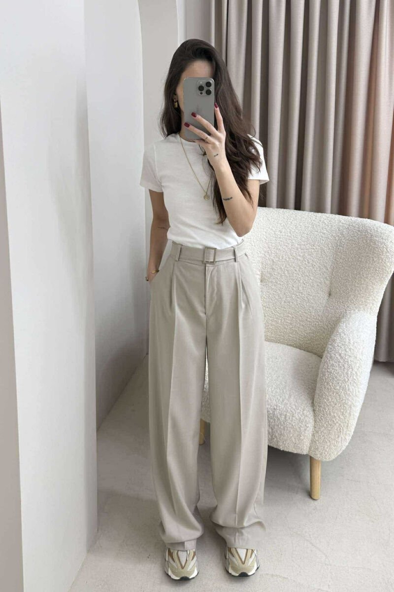 BELT DETAIL WIDE LEG WOMEN TROUSERS BEIGE/BEZHE - 1