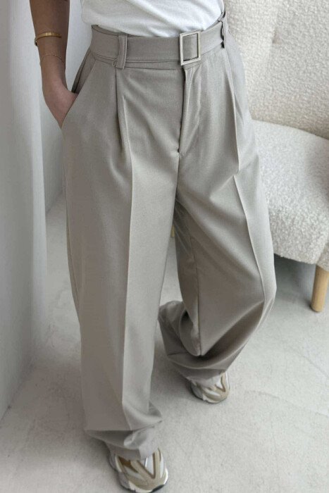BELT DETAIL WIDE LEG WOMEN TROUSERS BEIGE/BEZHE - 4