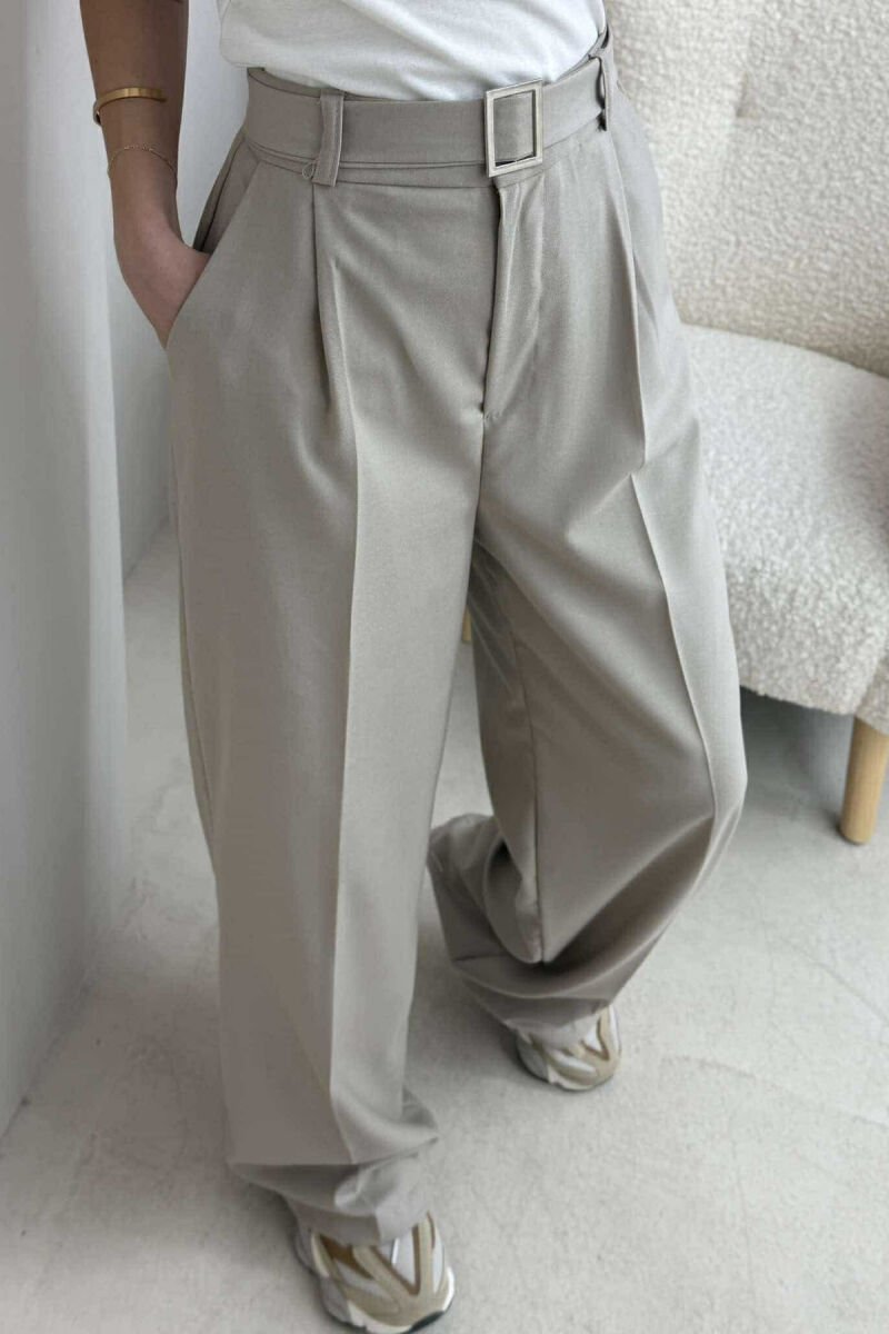 BELT DETAIL WIDE LEG WOMEN TROUSERS BEIGE/BEZHE - 4