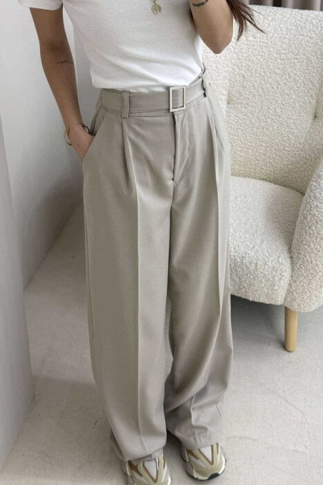 BELT DETAIL WIDE LEG WOMEN TROUSERS BEIGE/BEZHE - 5
