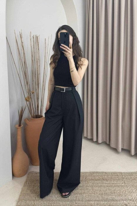 BELT DETAIL WIDE LEG WOMEN TROUSERS BLACK/ E ZEZE - KLAUDIO FASHION