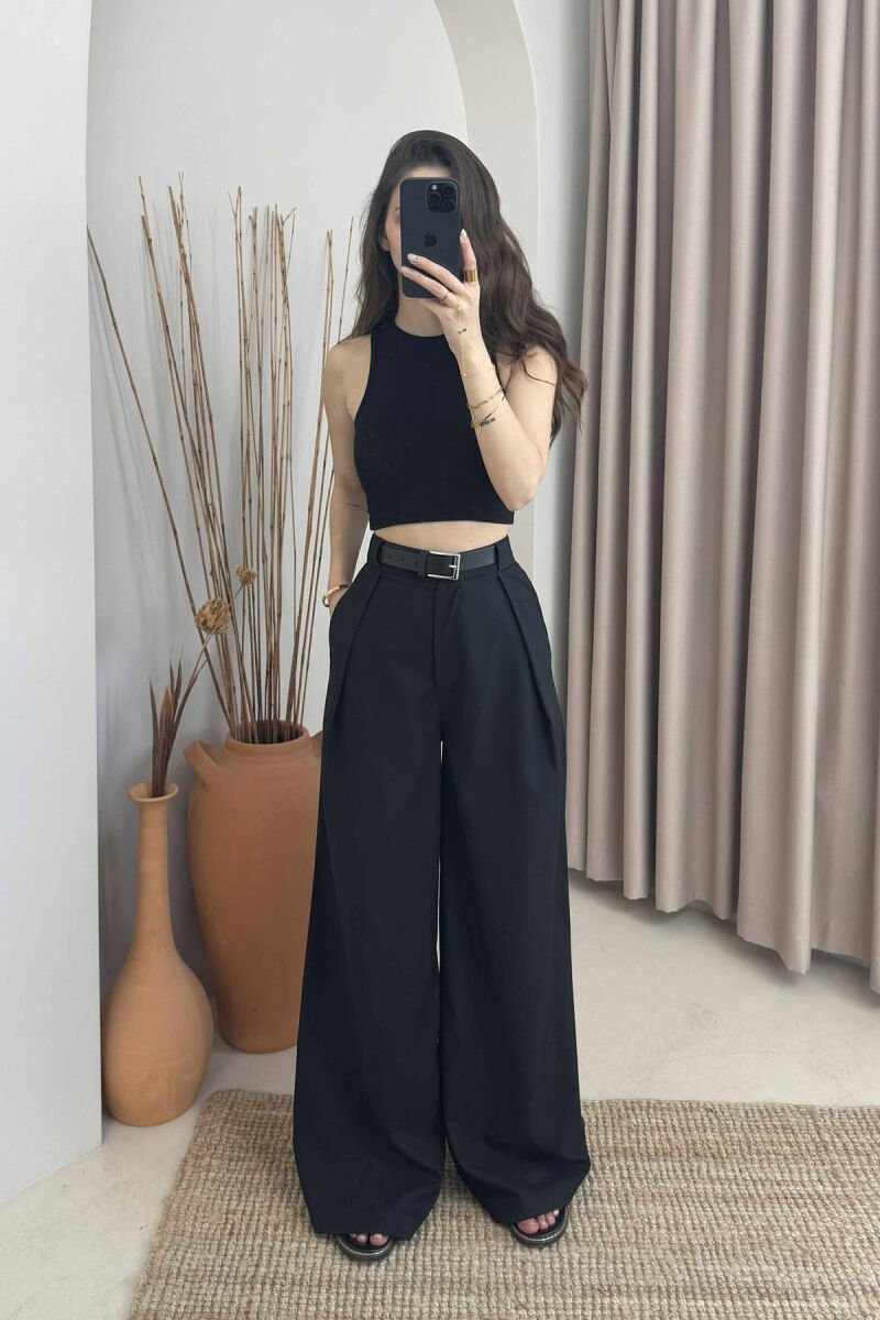 BELT DETAIL WIDE LEG WOMEN TROUSERS BLACK/ E ZEZE - 2