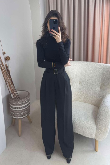 BELT DETAIL WIDE LEG WOMEN TROUSERS BLACK/ E ZEZE 