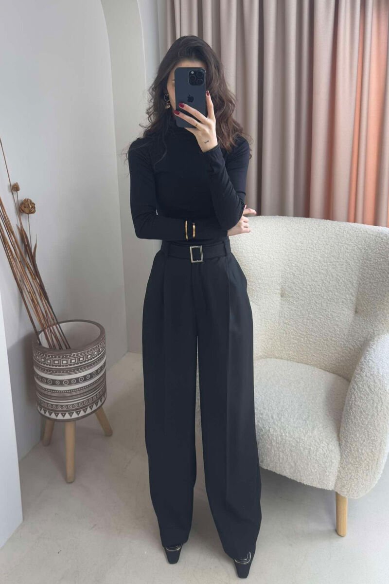 BELT DETAIL WIDE LEG WOMEN TROUSERS BLACK/ E ZEZE - 1