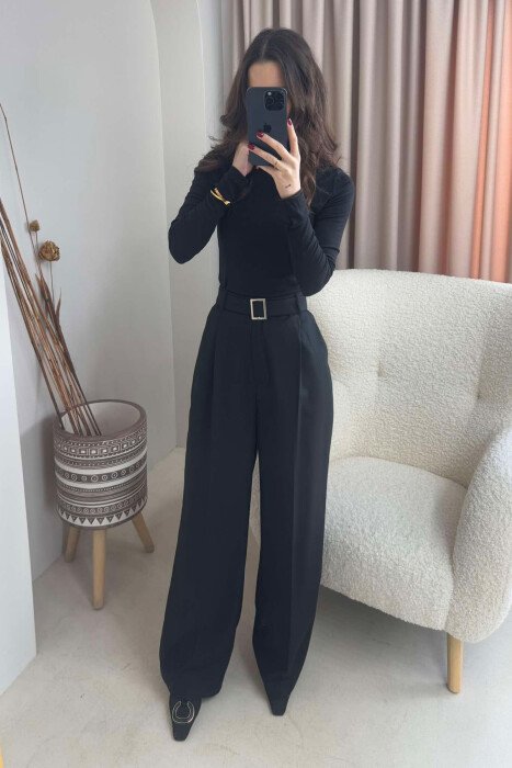 BELT DETAIL WIDE LEG WOMEN TROUSERS BLACK/ E ZEZE - 2