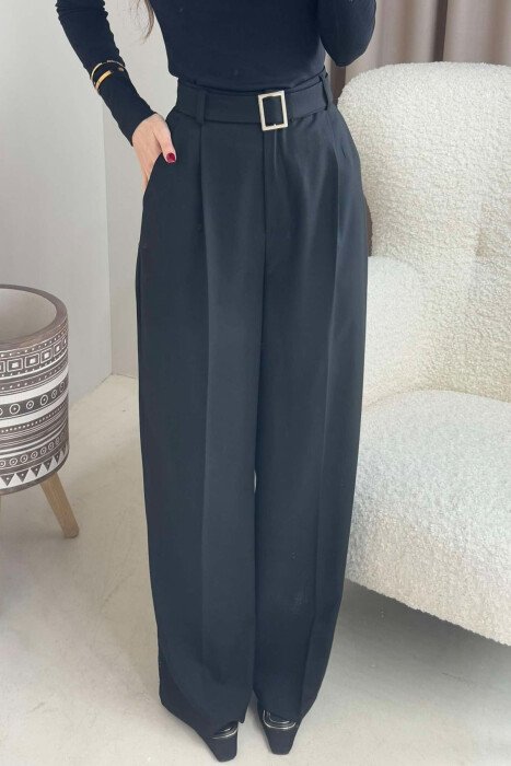 BELT DETAIL WIDE LEG WOMEN TROUSERS BLACK/ E ZEZE - 3