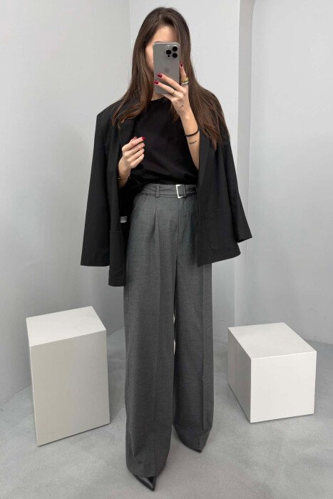 BELT DETAIL WIDE LEG WOMEN TROUSERS DARK GREY/GEE 