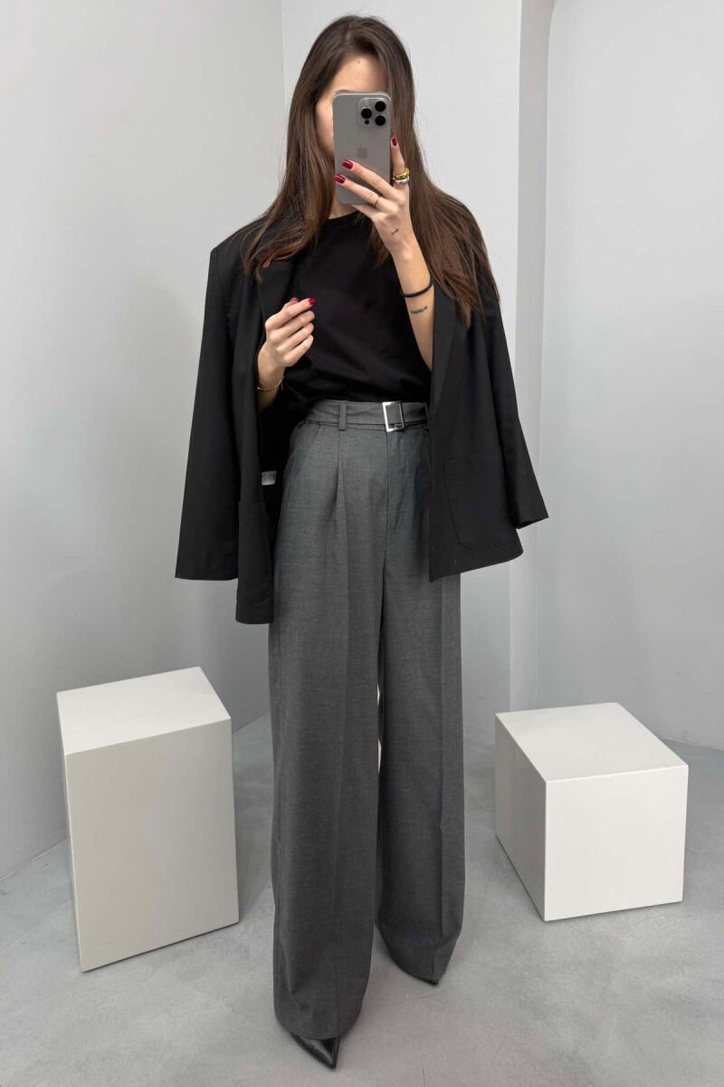 BELT DETAIL WIDE LEG WOMEN TROUSERS DARK GREY/GEE - 1