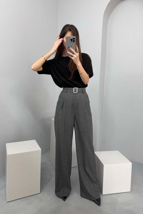 BELT DETAIL WIDE LEG WOMEN TROUSERS DARK GREY/GEE - 3