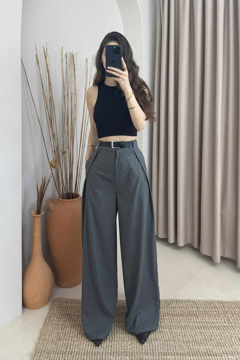 BELT DETAIL WIDE LEG WOMEN TROUSERS GREY/GRI - 1