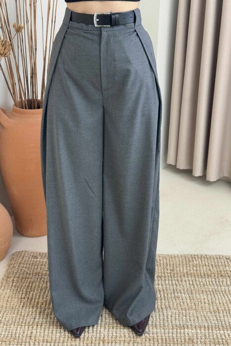 BELT DETAIL WIDE LEG WOMEN TROUSERS GREY/GRI - 3