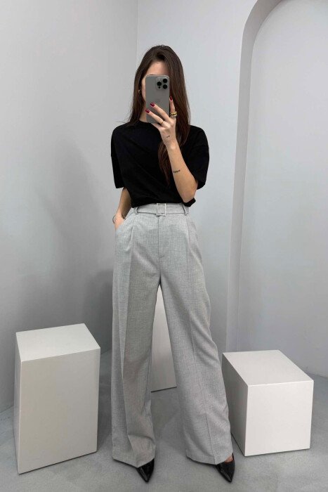 BELT DETAIL WIDE LEG WOMEN TROUSERS LIGHT GREY/GZ - 2