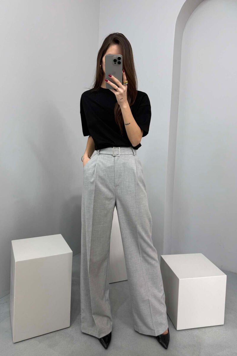 BELT DETAIL WIDE LEG WOMEN TROUSERS LIGHT GREY/GZ - 2