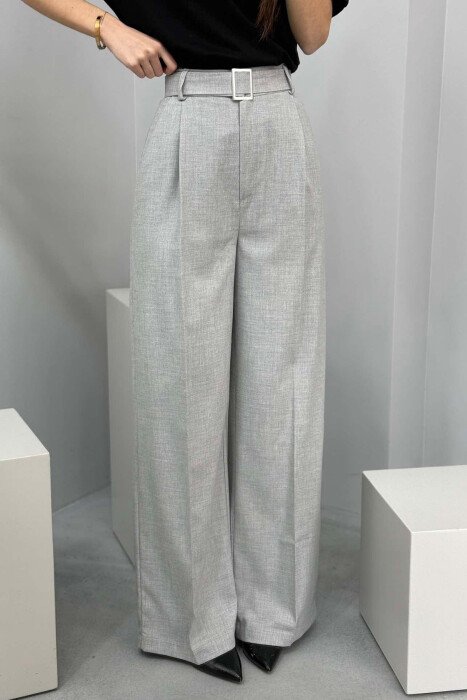 BELT DETAIL WIDE LEG WOMEN TROUSERS LIGHT GREY/GZ - 4