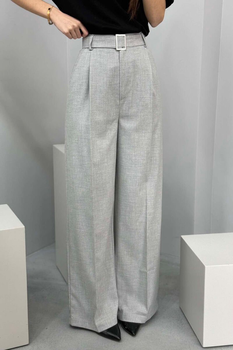 BELT DETAIL WIDE LEG WOMEN TROUSERS LIGHT GREY/GZ - 4