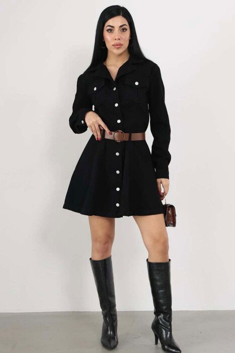 BELT DETAIL DENIM WOMEN DRESS BLACK/ E ZEZE - 3