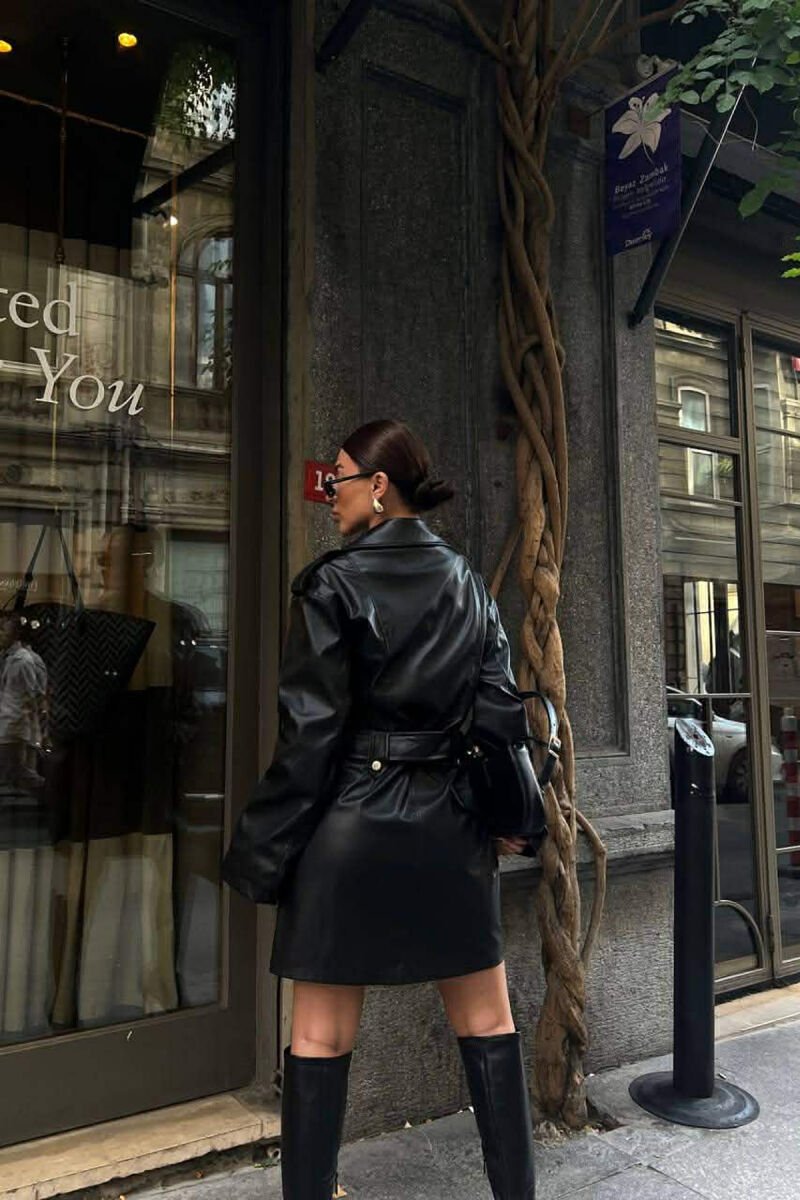 BELT DETAIL ZIPPERED SHORT LEATHER WOMEN DRESS BLACK/ E ZEZE - 3