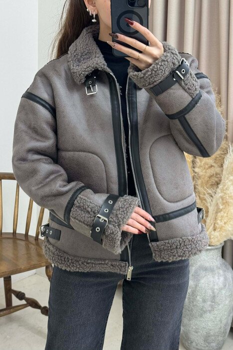 BELT DETAILS FLUFFY WOMEN JACKET DARK GREY/GEE - KLAUDIO FASHION