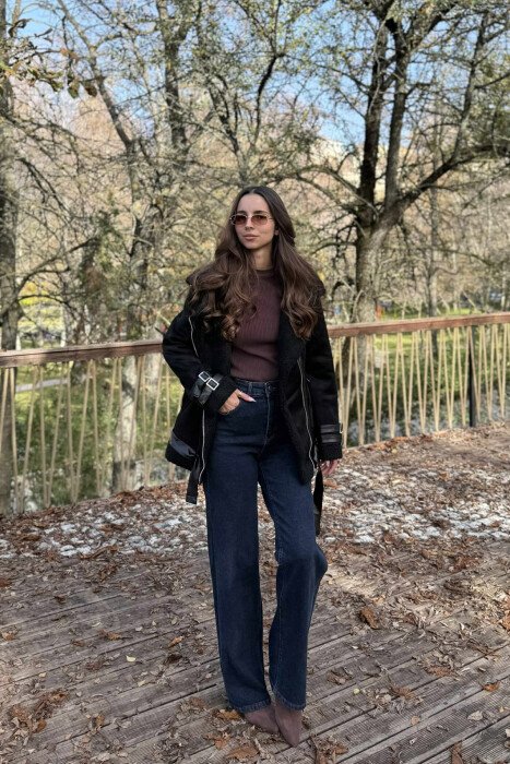 BELT DETAILS ONE COLOR FLUFFY WOMEN JACKET BLACK/ E ZEZE - 1