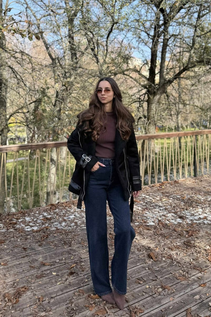 BELT DETAILS ONE COLOR FLUFFY WOMEN JACKET BLACK/ E ZEZE - 1