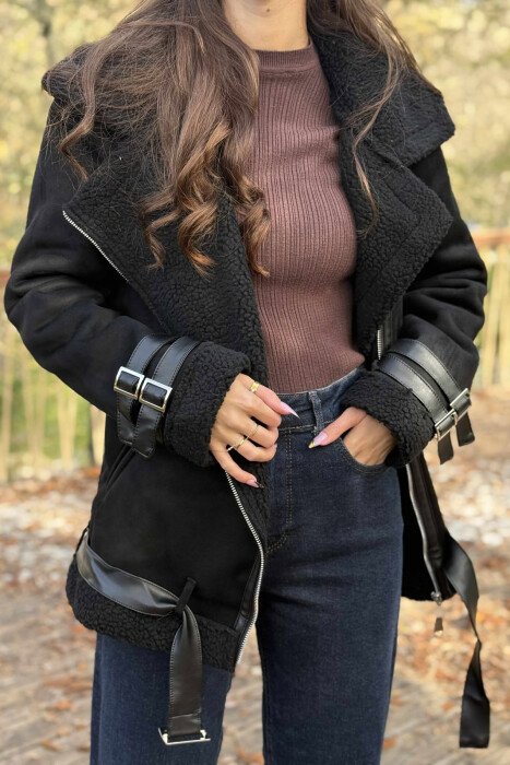 BELT DETAILS ONE COLOR FLUFFY WOMEN JACKET BLACK/ E ZEZE - 2