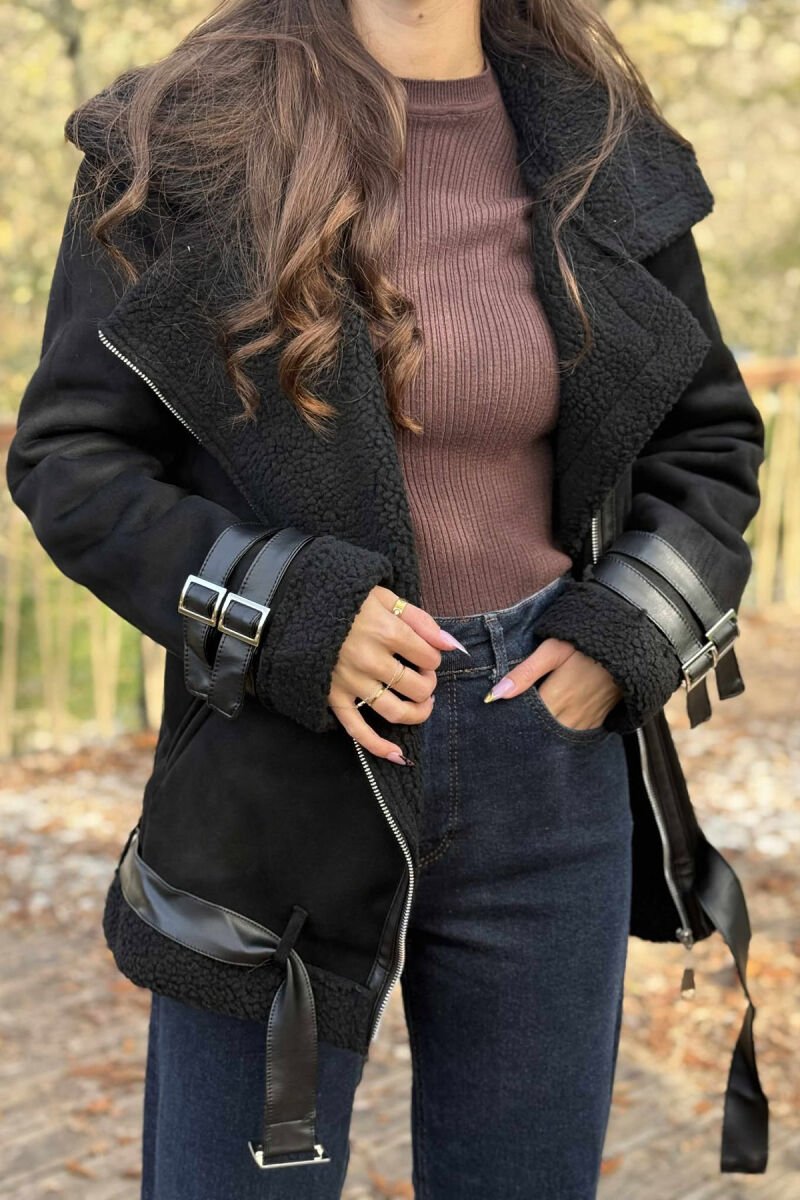 BELT DETAILS ONE COLOR FLUFFY WOMEN JACKET BLACK/ E ZEZE - 2