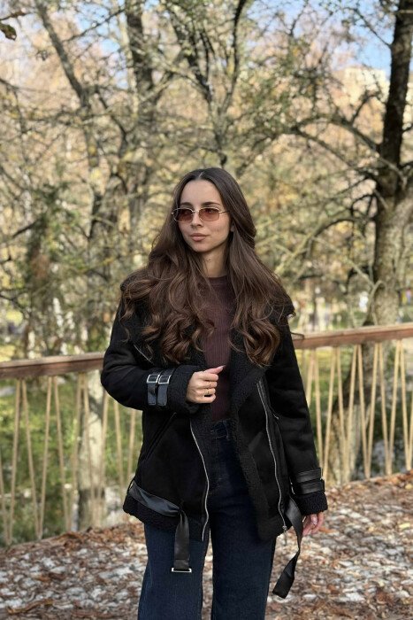 BELT DETAILS ONE COLOR FLUFFY WOMEN JACKET BLACK/ E ZEZE - 3