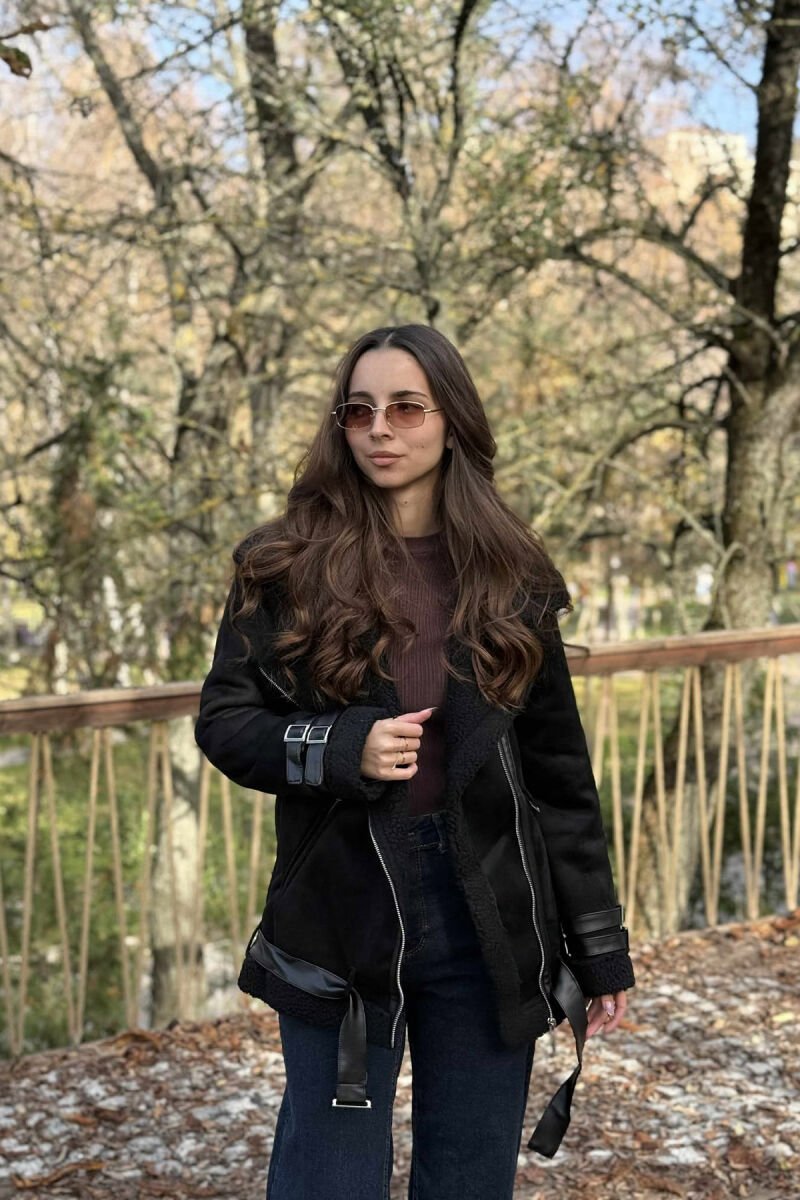 BELT DETAILS ONE COLOR FLUFFY WOMEN JACKET BLACK/ E ZEZE - 3
