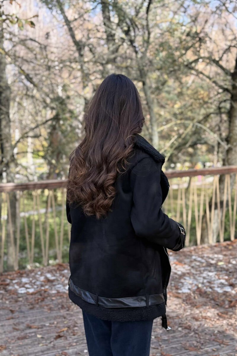 BELT DETAILS ONE COLOR FLUFFY WOMEN JACKET BLACK/ E ZEZE - 4