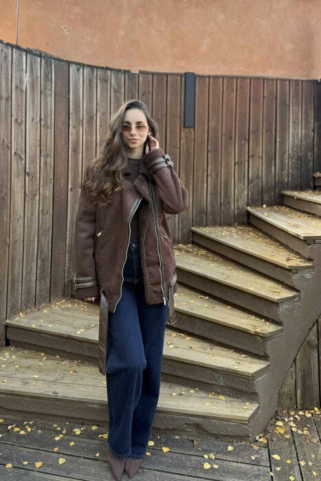 BELT DETAILS ONE COLOR FLUFFY WOMEN JACKET DARK BROWN/KAE - 1