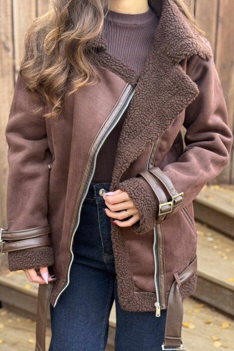 BELT DETAILS ONE COLOR FLUFFY WOMEN JACKET DARK BROWN/KAE - 3
