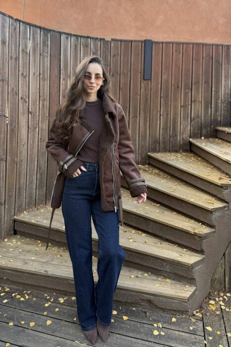 BELT DETAILS ONE COLOR FLUFFY WOMEN JACKET DARK BROWN/KAE - 4