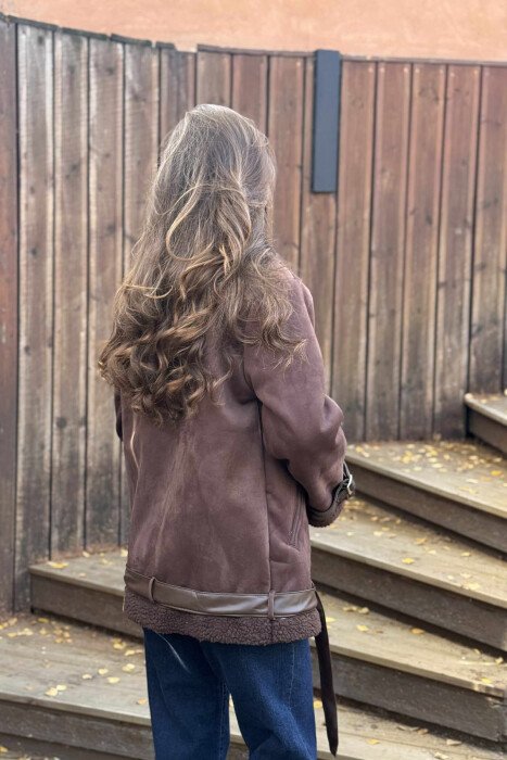 BELT DETAILS ONE COLOR FLUFFY WOMEN JACKET DARK BROWN/KAE - 5