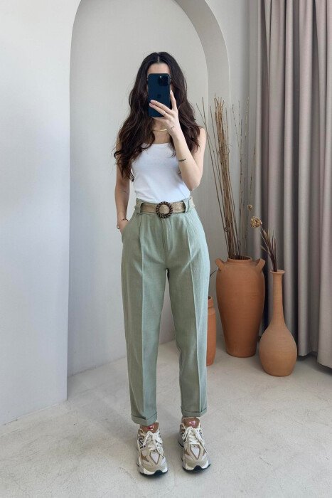 BELT LINEN ONE COLOR WOMEN TROUSERS OLIVE/ULLI - 1