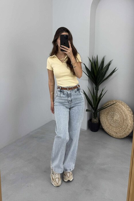 BELT WIDE LEG ONE COLOR SIMPLE WOMAN JEANS LIGHTBLUE/BZ - KLAUDIO FASHION