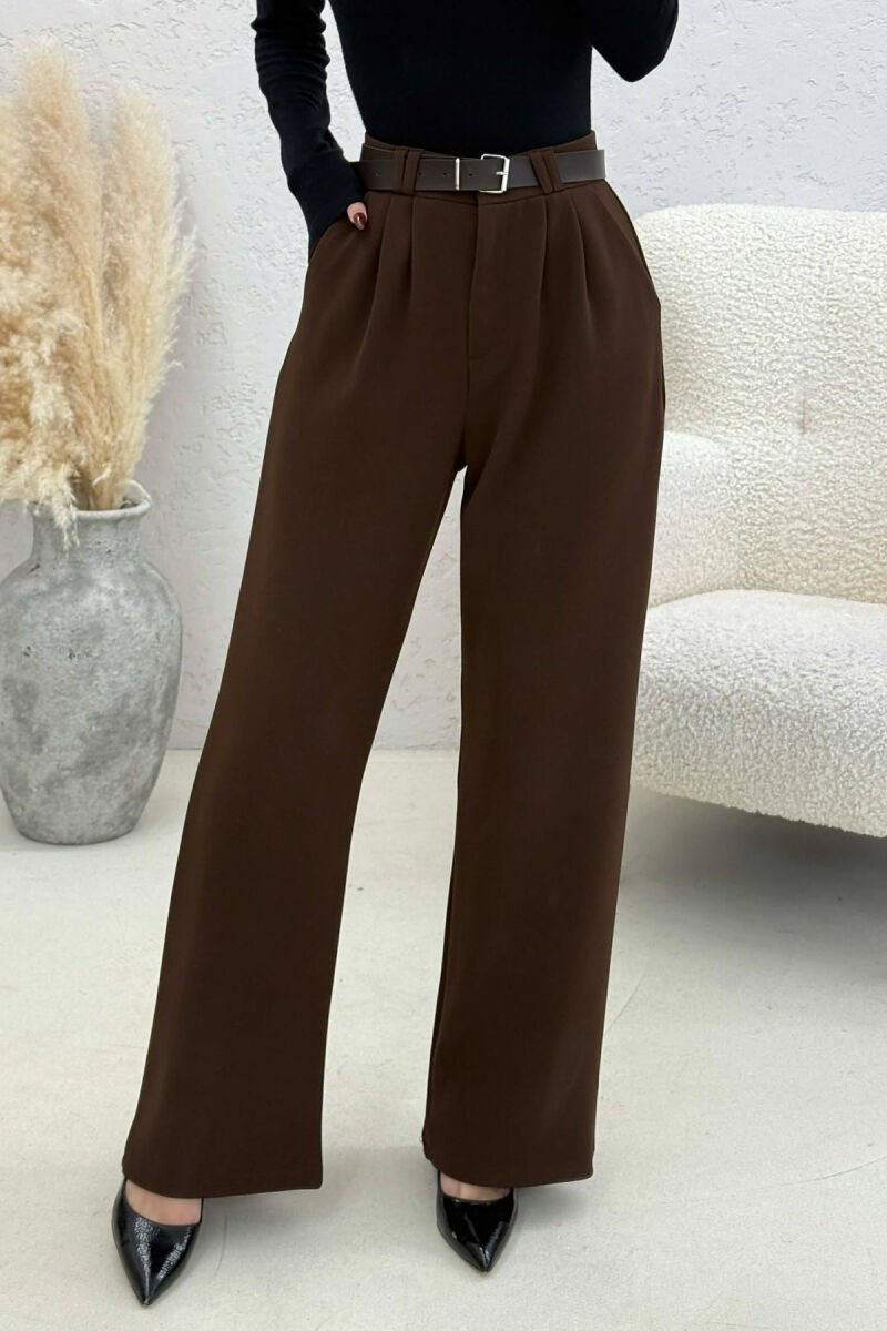 ONE COLOR BELT WOMEN TROUSERS BROWN/KAFE - 1