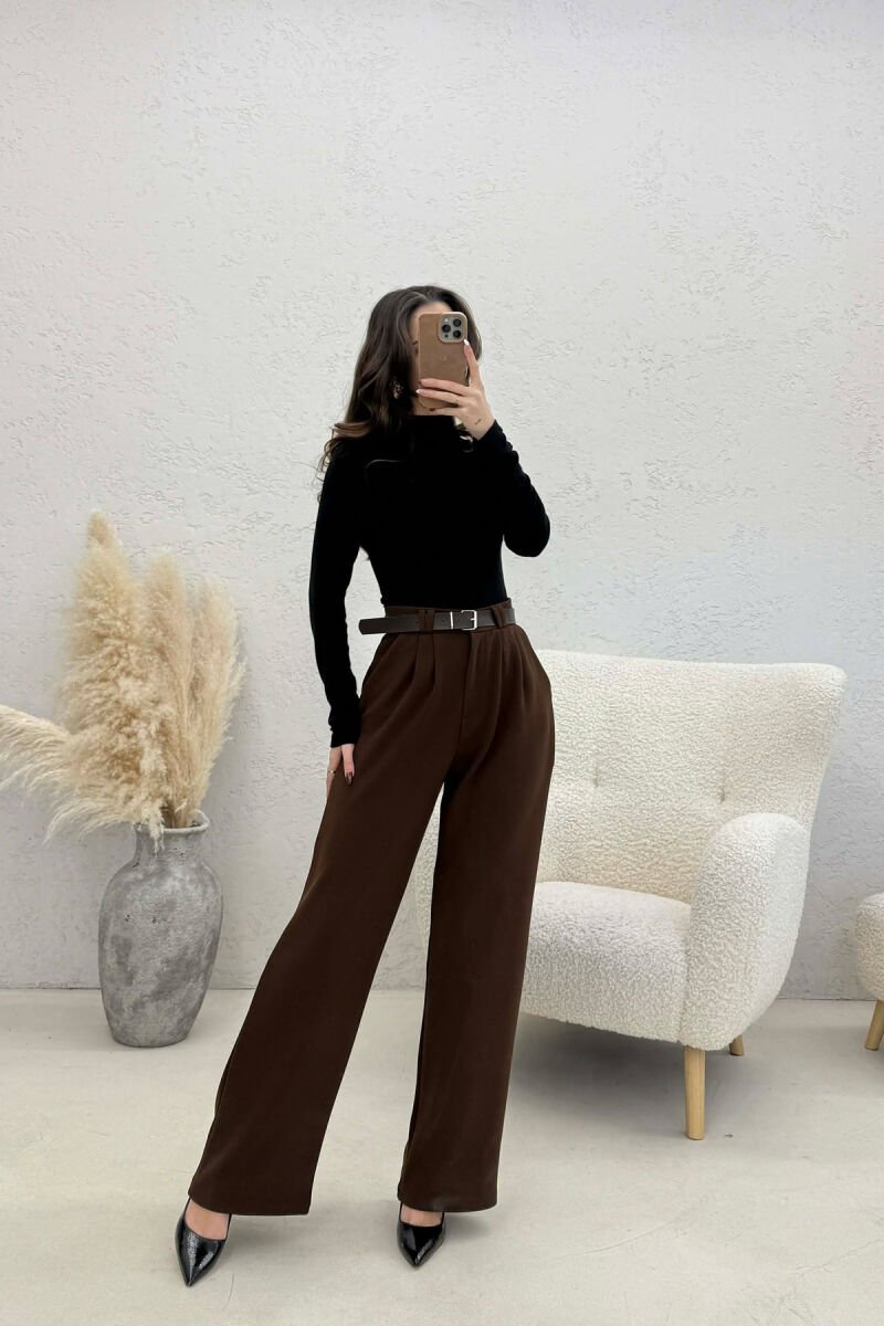 ONE COLOR BELT WOMEN TROUSERS BROWN/KAFE - 4