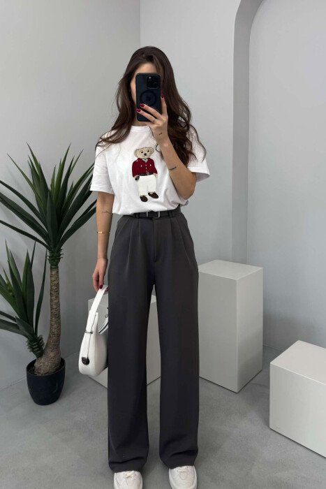 ONE COLOR BELT WOMEN TROUSERS GREY/GRI 