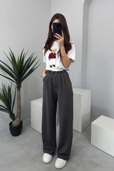 ONE COLOR BELT WOMEN TROUSERS GREY/GRI - 2